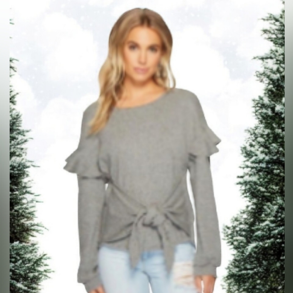 1.State Tie Waist Size XL Soft  Gray Long Sleeve Top Ruffle Detail